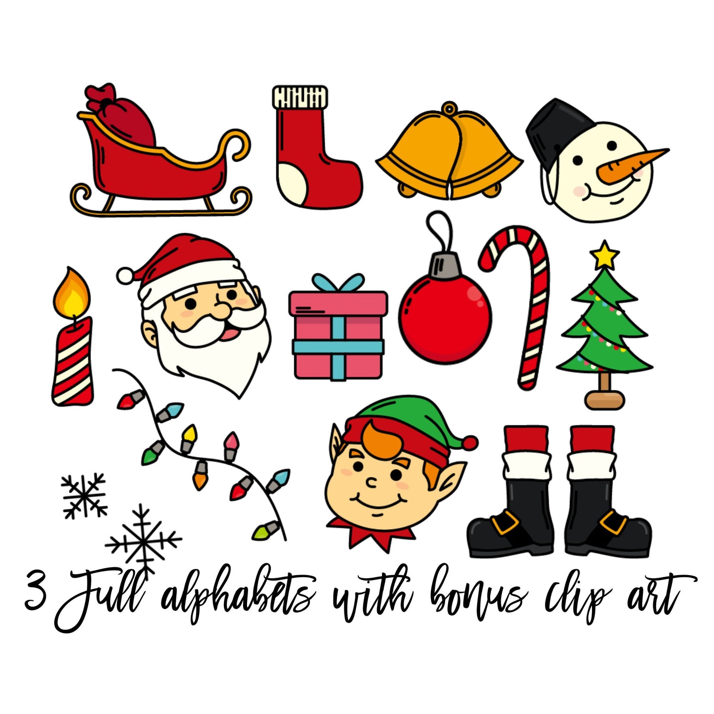 Christmas Clip Art + Doodle Letters and Numbers, Uppercase Alphabet Set, Retro Christmas Sublimation Letters, Santa Xmas Holidays PNG