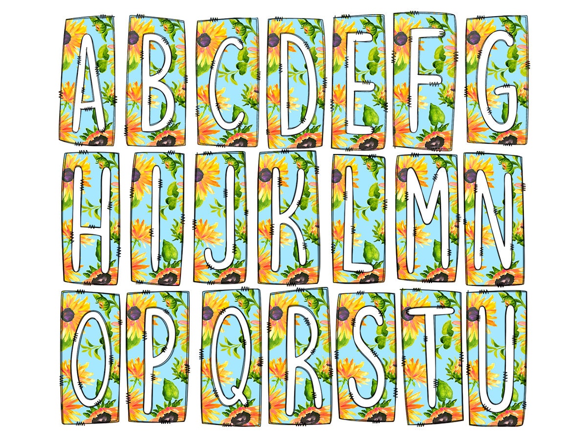Blue Sunflowers Box Doodle Letters, Western Hand Drawn Doodle Alphabet Set, Sublimation Designs PNG - 1844