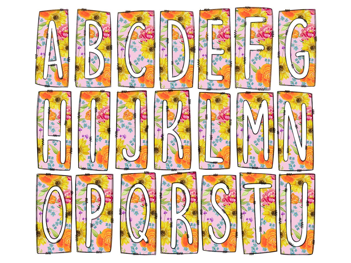 Spring Yellow Pink Flowers Box Doodle Letters, Western Hand Drawn Doodle Alphabet Set, Sublimation Designs PNG - 1071