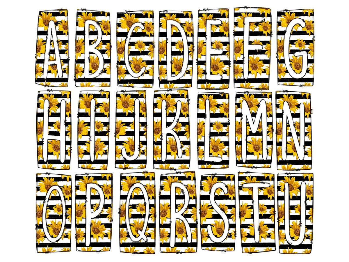 Striped Sunflower Box Doodle Letters, Western Hand Drawn Doodle Alphabet Set, Sublimation Designs PNG - 37 PATTERN