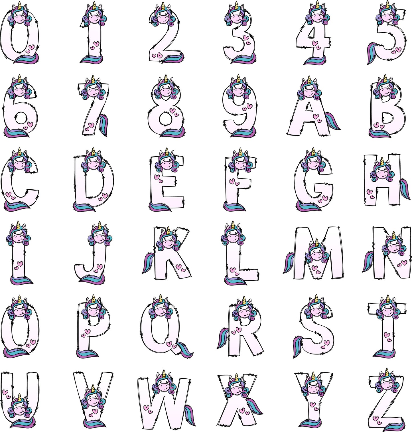 Unicorn Alphabet Letters PNG Bundle, Unicorn Doodle Letters, Hand Drawn Alphabet Doodle, Sublimation Little Girls Alpha Set Designs PNG
