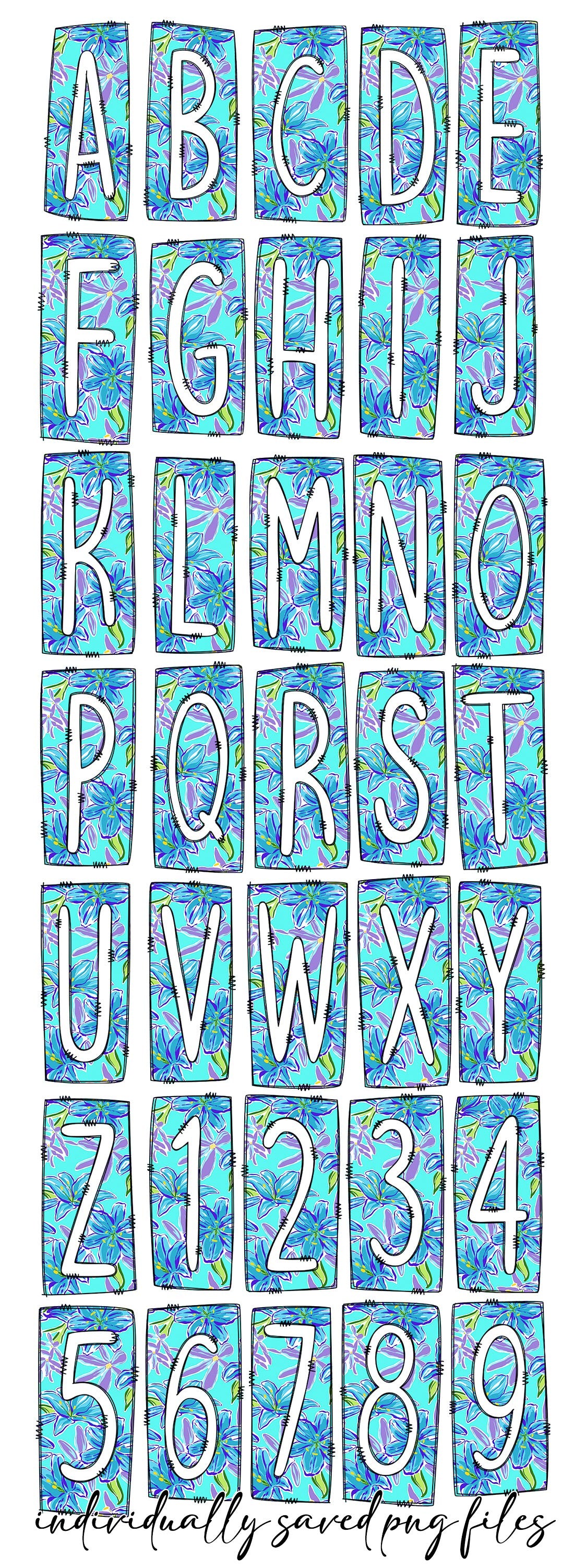 Blue Floral Box Doodle Letters, Western Hand Drawn Doodle Alphabet Set, Sublimation Designs PNG - 1366