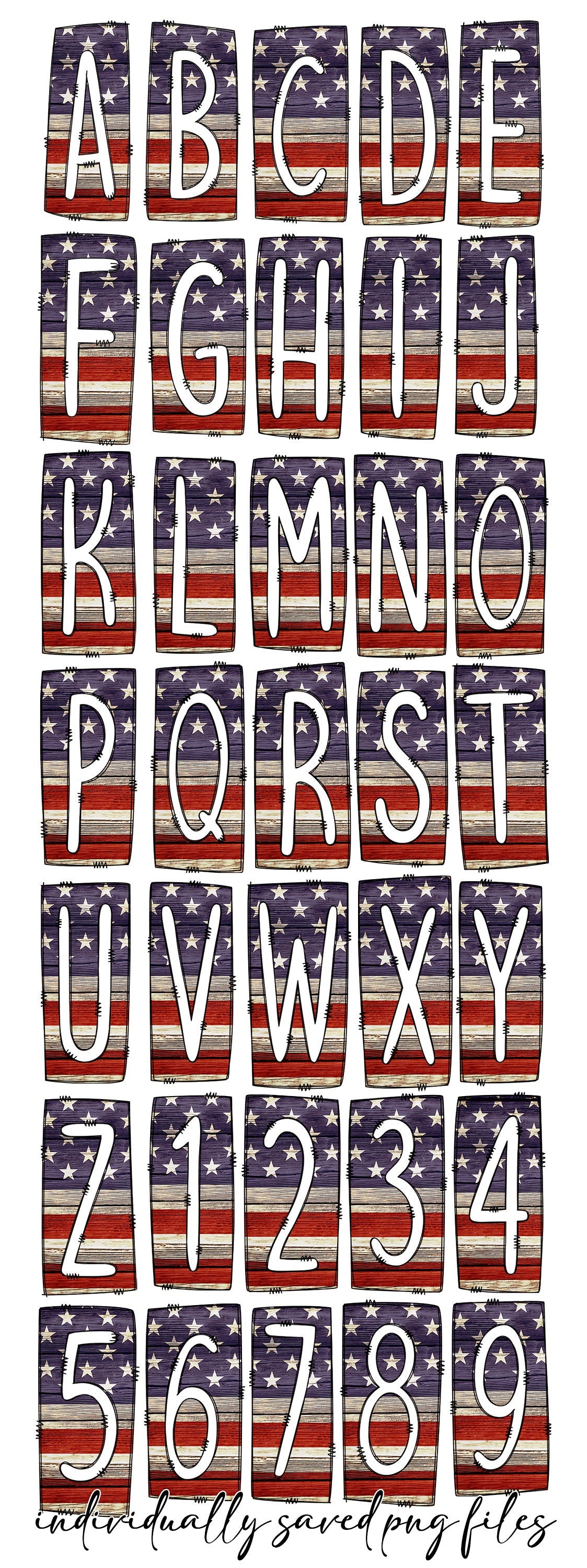 American Flag Patriotic Box Doodle Letters, Western Hand Drawn Doodle Alphabet Set, Sublimation Designs PNG - 95 PATTERN