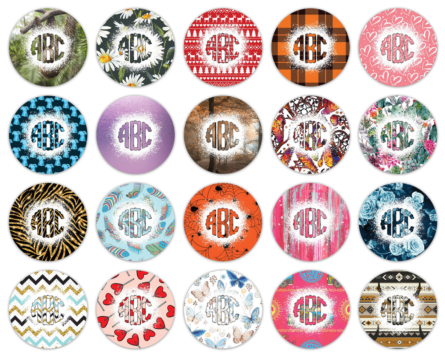 Car Coaster Bundle with Matching Monograms, Clip Art Design, Air Freshener, Keyring Round Sublimation Designs, Car Coasters PNG