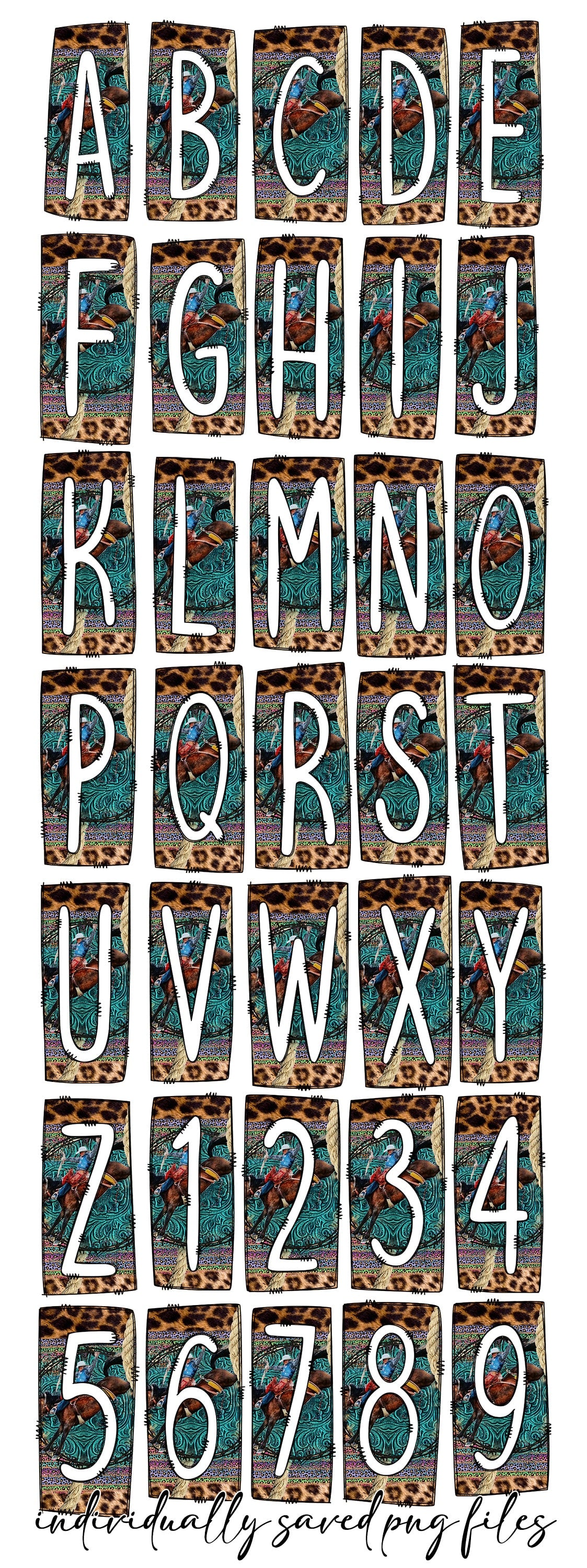 Wester Counrty Cowboy Box Doodle Letters, Western Hand Drawn Doodle Alphabet Set, Sublimation Designs PNG - 136 PATTERN