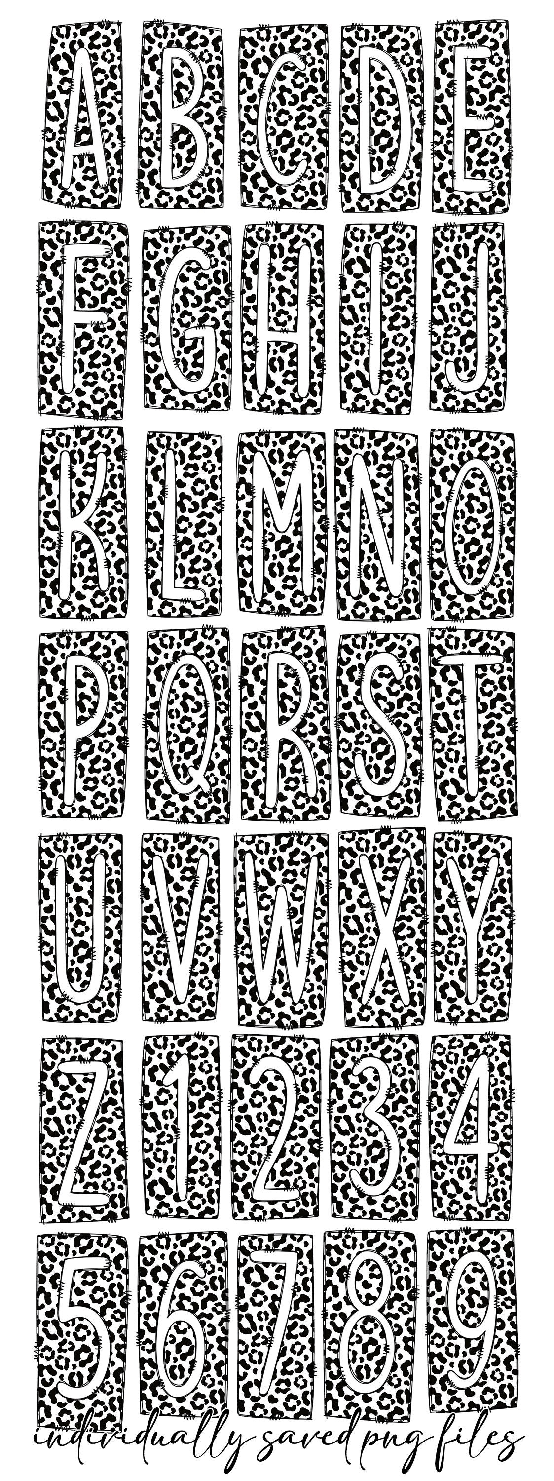 Black and White Cheetah Leopard Print Box Doodle Letters, Western Hand Drawn Doodle Alphabet Set, Sublimation Designs PNG - 23 PATTERN