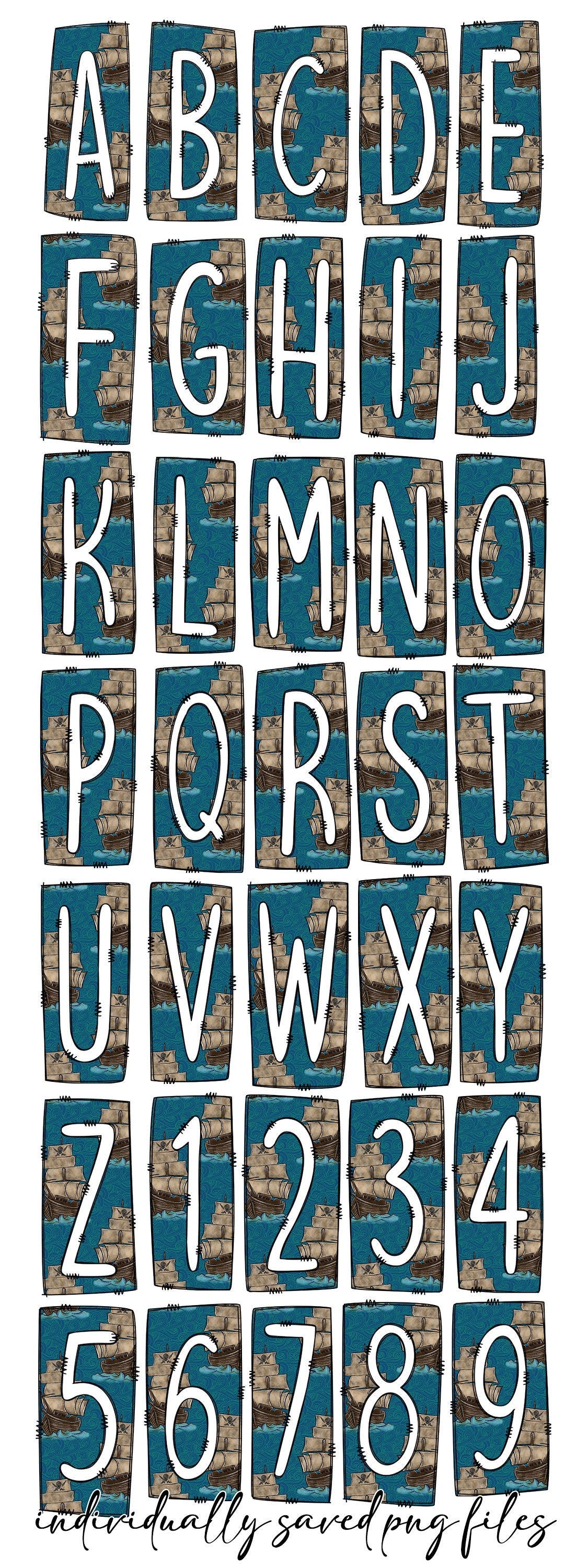 Pirate Ship Kids Boat Box Doodle Letters, Western Hand Drawn Doodle Alphabet Set, Sublimation Designs PNG - 1108