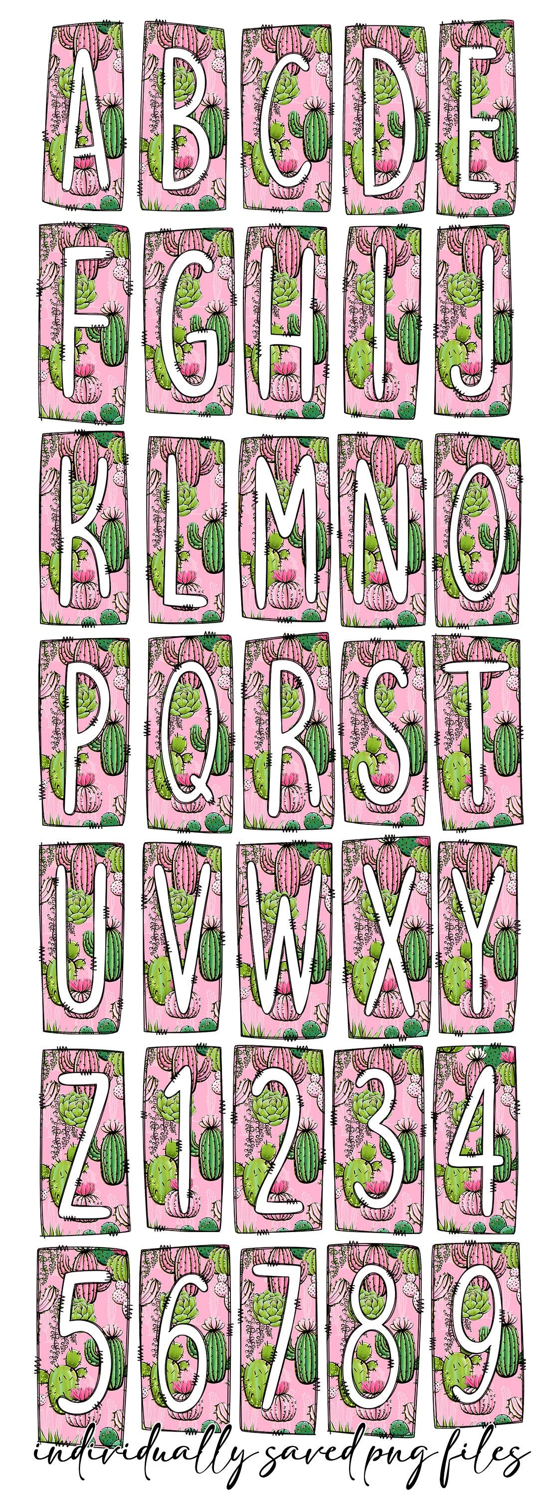 Pink Cactus Lover Box Doodle Letters, Western Hand Drawn Doodle Alphabet Set, Sublimation Designs PNG - 90