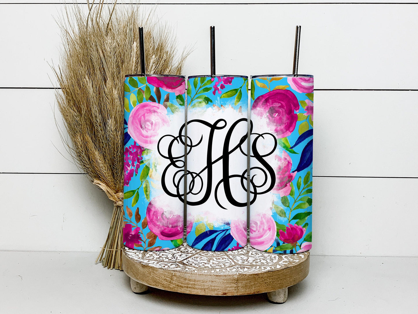 EDITABLE Floral Monogram 20oz Straight Tumbler Wrap Designs, Make Your Own Custom Peronalized Design, Pink Blue Flowers Easy Canva Tempalte