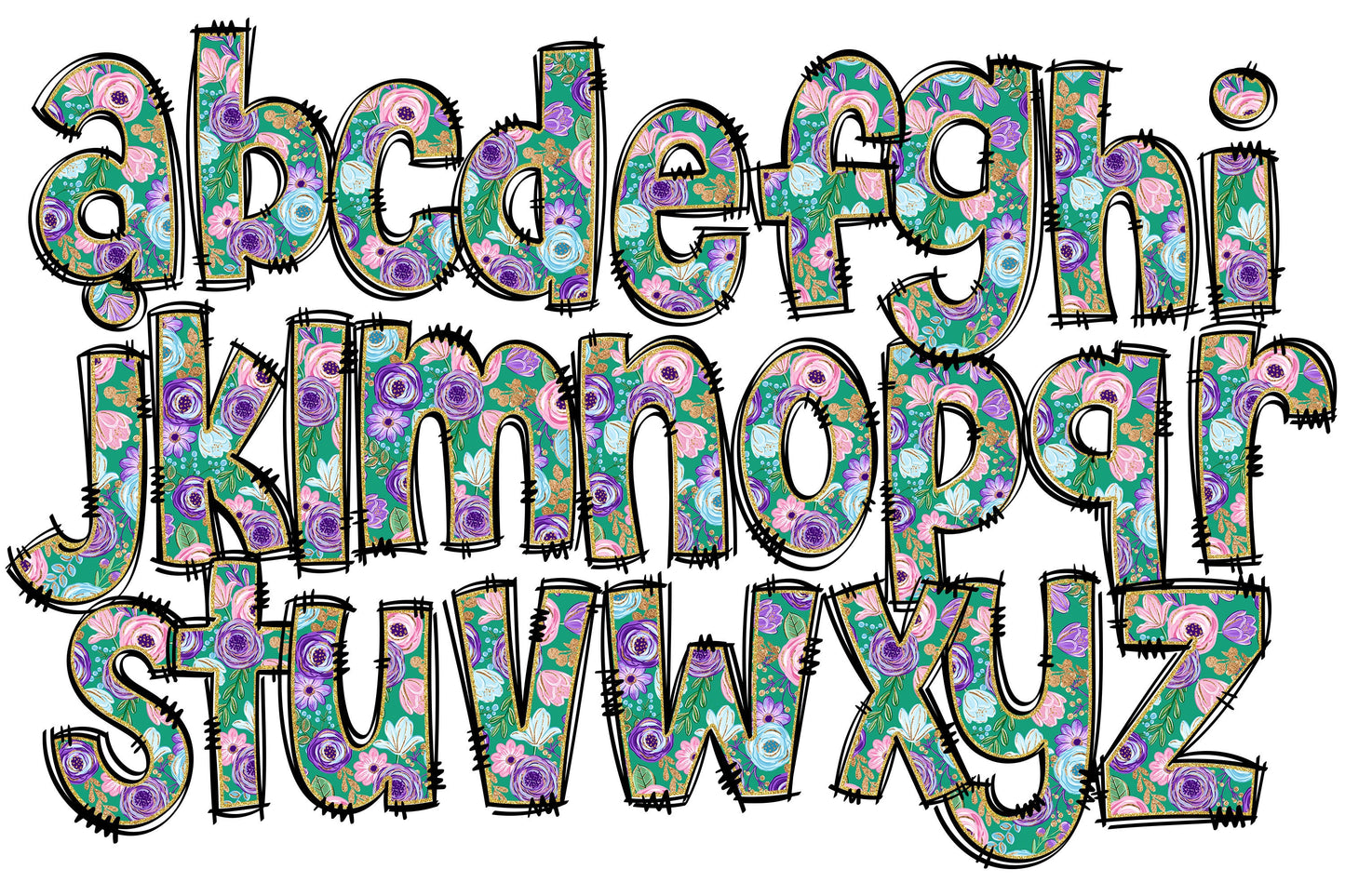 Floral Doodle Alphabet Letters PNG Bundle, Floral Design Hand Drawn Doodle, Flower Sublimation Alpha Set Designs PNG Digital