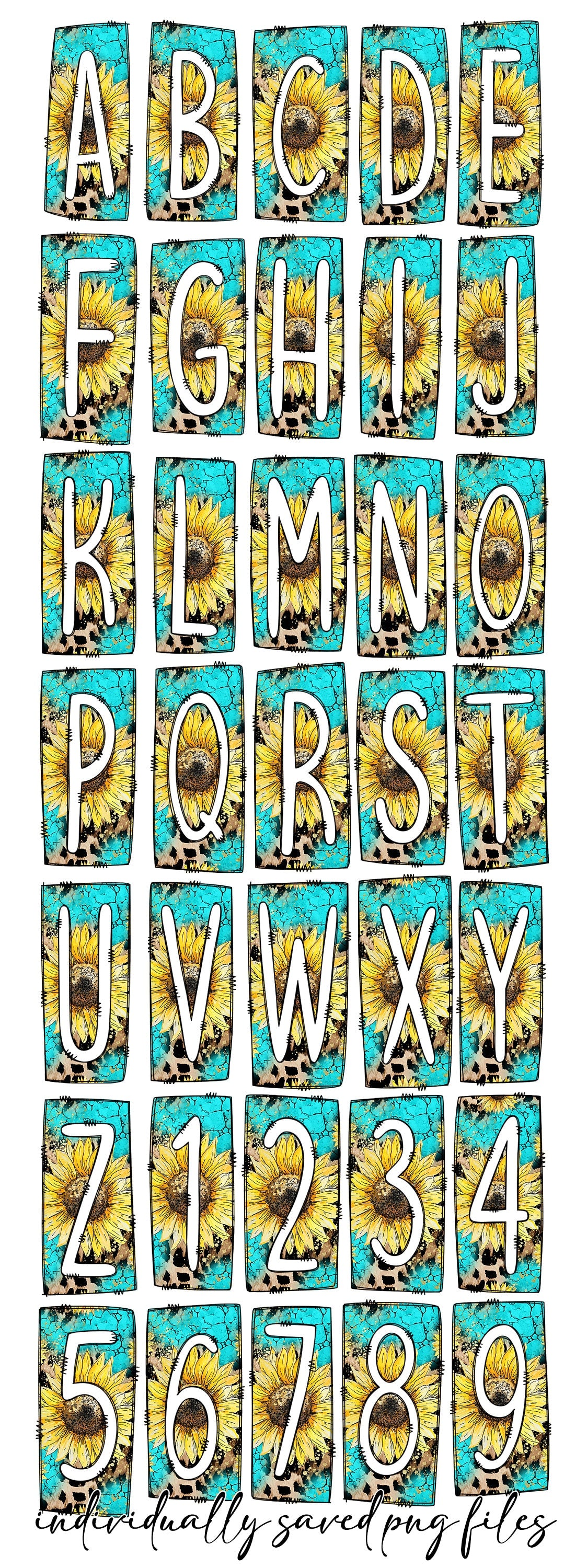 Sunflower Western Box Doodle Letters, Western Hand Drawn Doodle Alphabet Set, Sublimation Designs PNG - 99