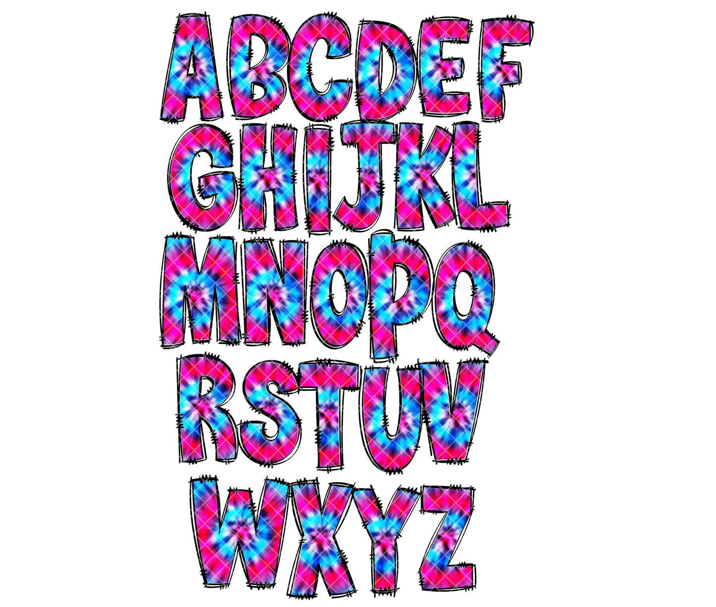 Tie Dye Alphabet Letters PNG Bundle, Rainbow Doodle Letters, Hand Drawn Alphabet Doodle, Sublimation Pink Teal Blue Alpha Set Designs PNG