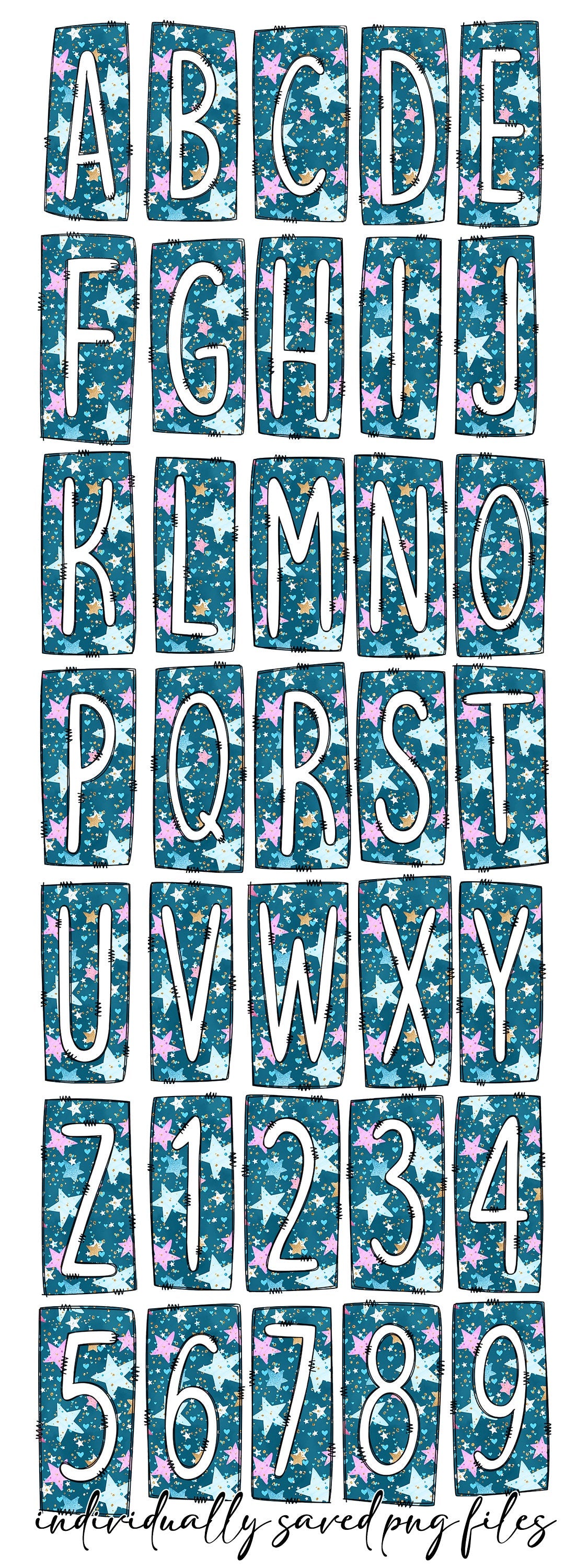 Blue Stars Box Doodle Letters, Western Hand Drawn Doodle Alphabet Set, Sublimation Designs PNG - 791