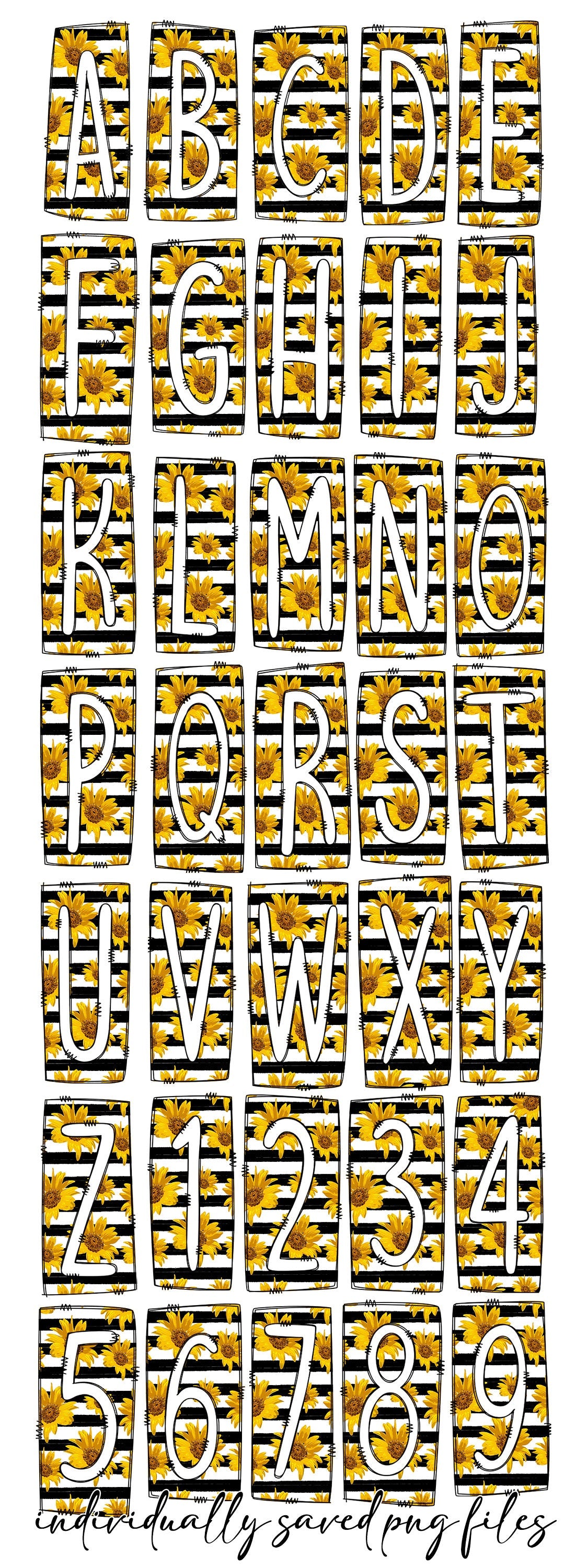 Striped Sunflower Box Doodle Letters, Western Hand Drawn Doodle Alphabet Set, Sublimation Designs PNG - 37 PATTERN