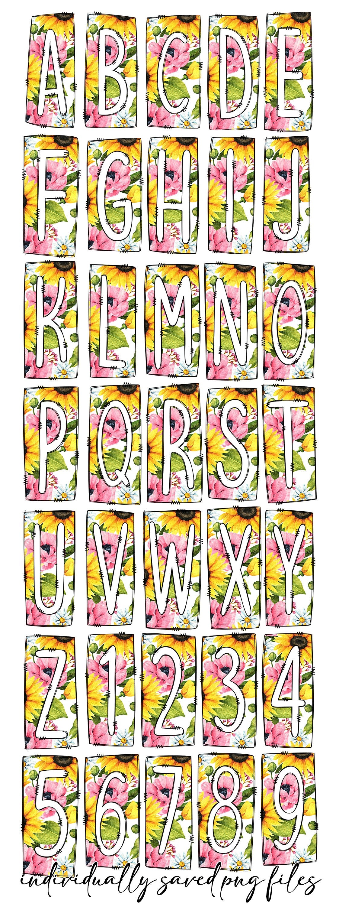Spring Sun Flowers and Daisys Box Doodle Letters, Western Hand Drawn Doodle Alphabet Set, Sublimation Designs PNG - 292 PATTERN