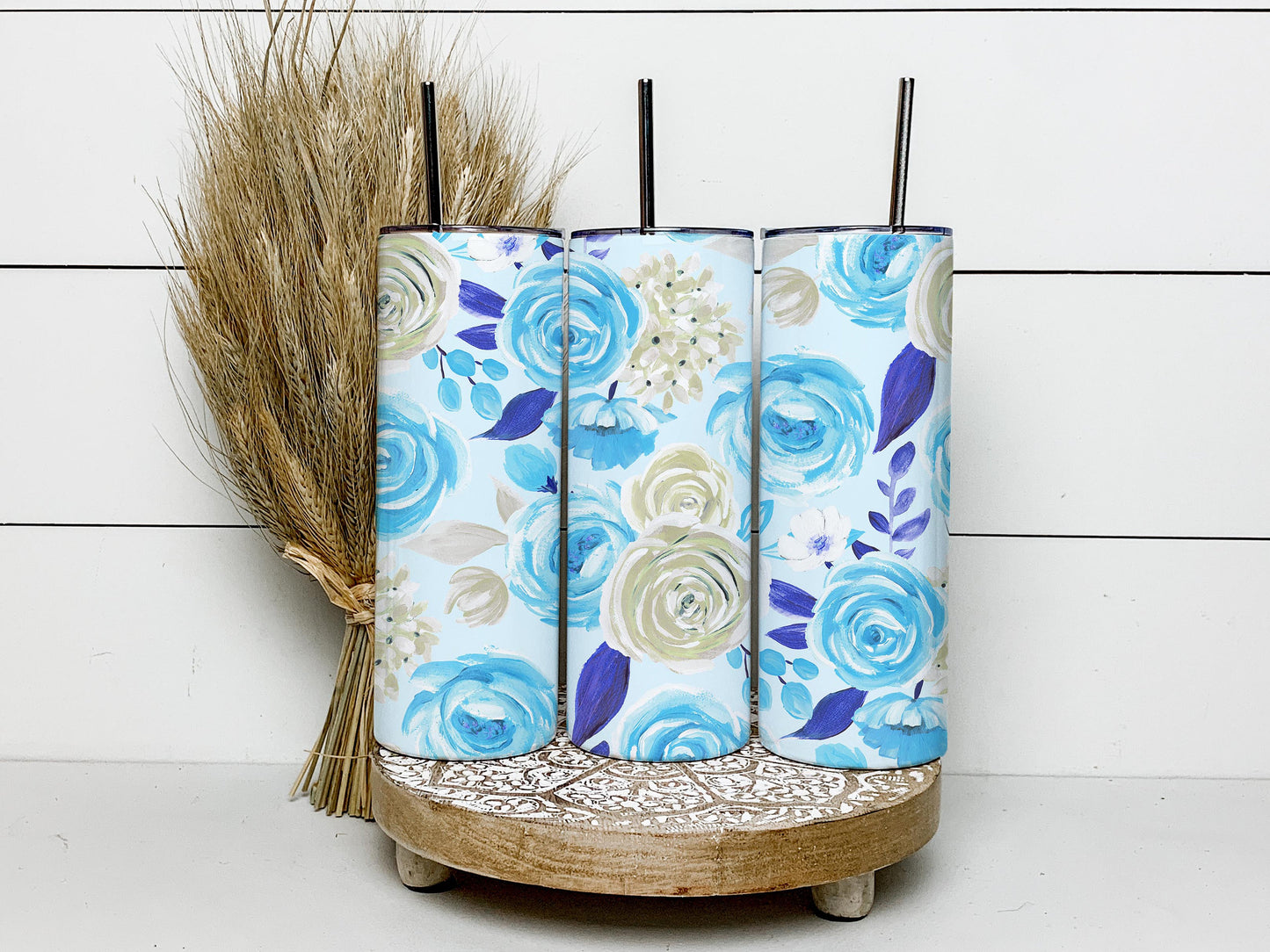 Blue And White Roses, Floral Background, Flower Pattern 20oz Tumbler Wrap, Seamless Skinny Tumbler, Sublimation Design PNG - 1753