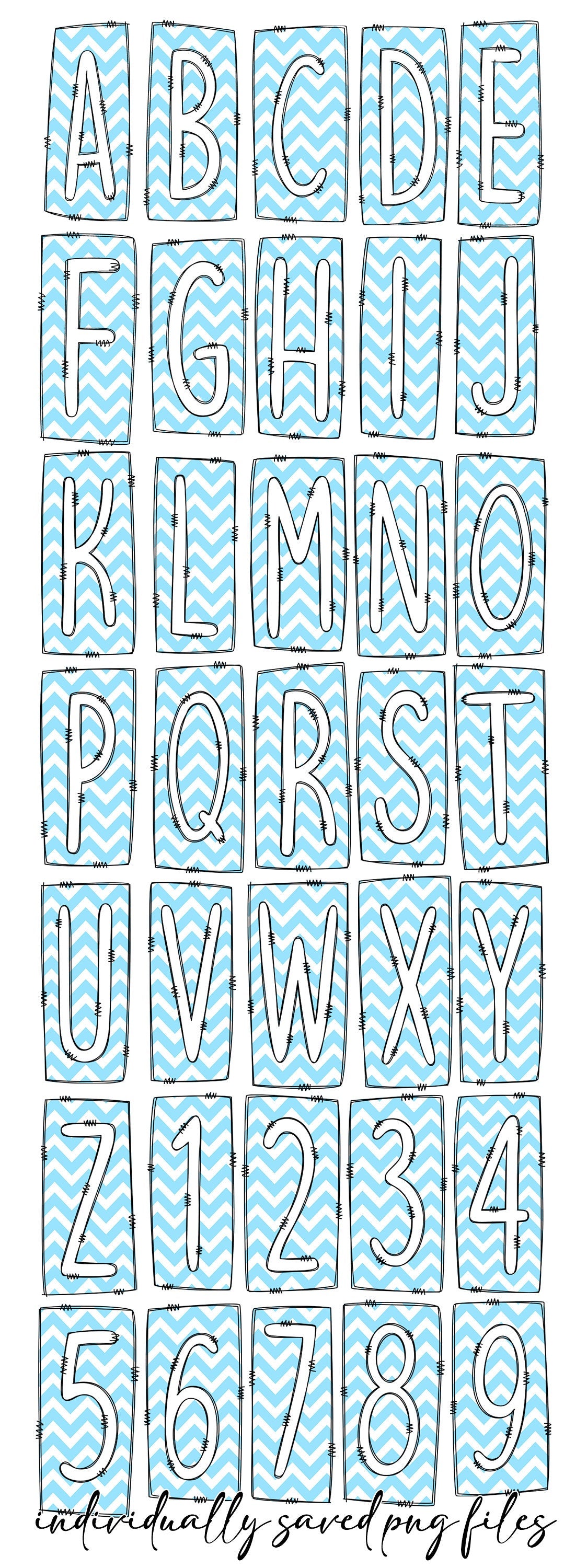 Blue Chevron Box Doodle Letters, Western Hand Drawn Doodle Alphabet Set, Sublimation Designs PNG - 29 PATTERN