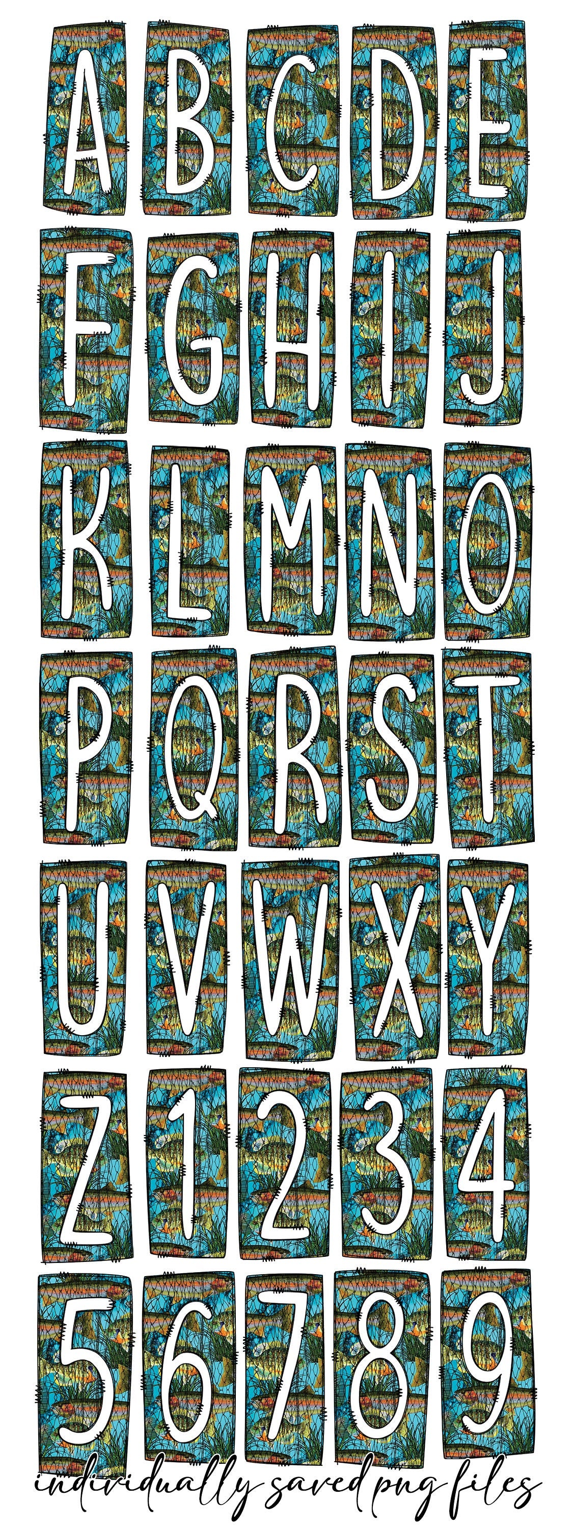Fish Box Doodle Letters, Western Hand Drawn Doodle Alphabet Set, Fishing Sublimation Designs PNG - 472 PATTERN
