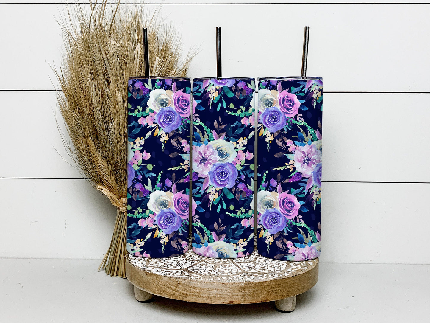 Flowers On Black Background, Purple Flowers, Floral Design 20oz Tumbler Wrap, Seamless Skinny Tumbler, Sublimation Design PNG - 2046