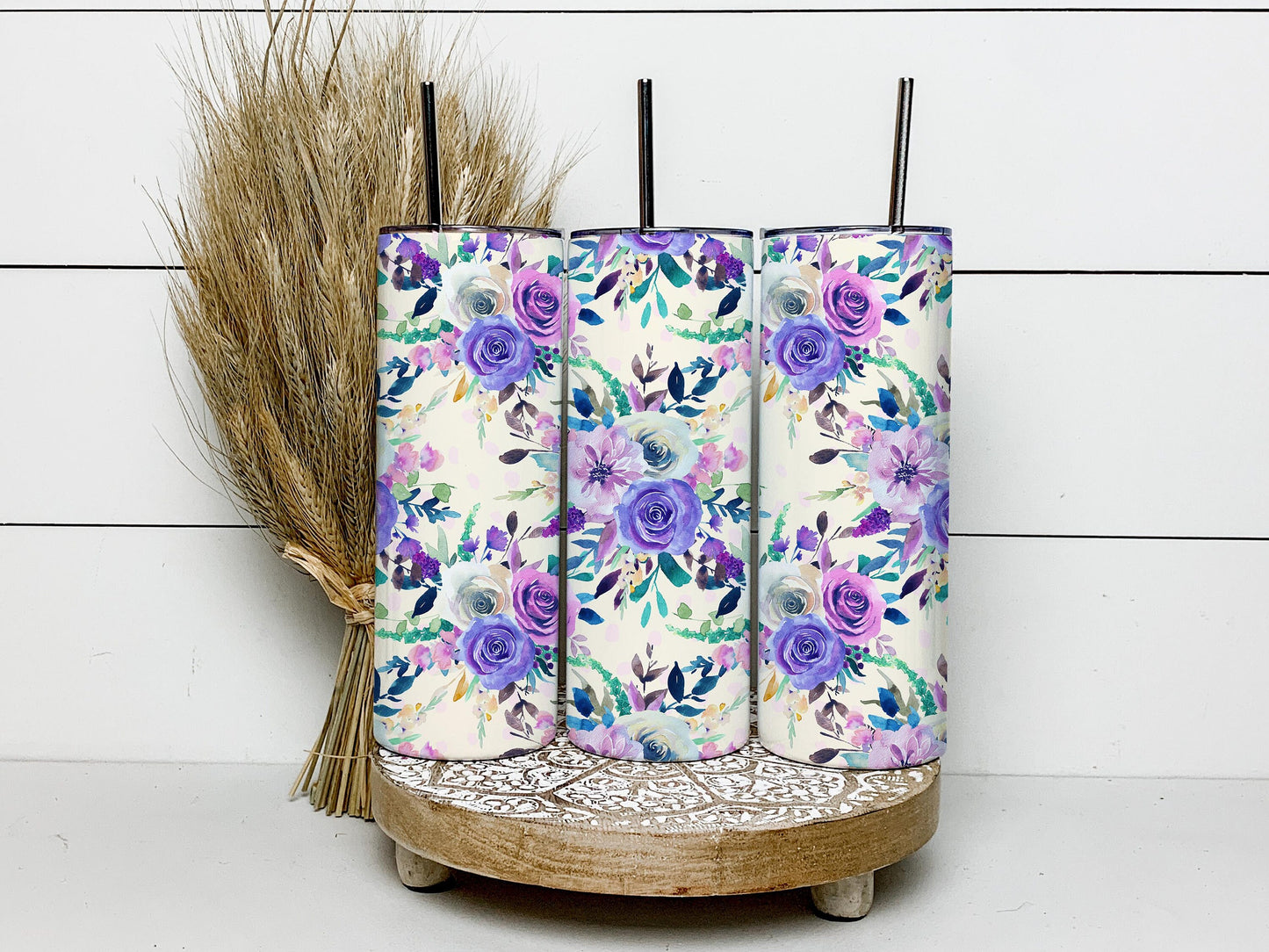 Purple Floral Pattern 20oz Tumbler Wrap, Seamless Skinny Tumbler, Sublimation Design PNG - 2047