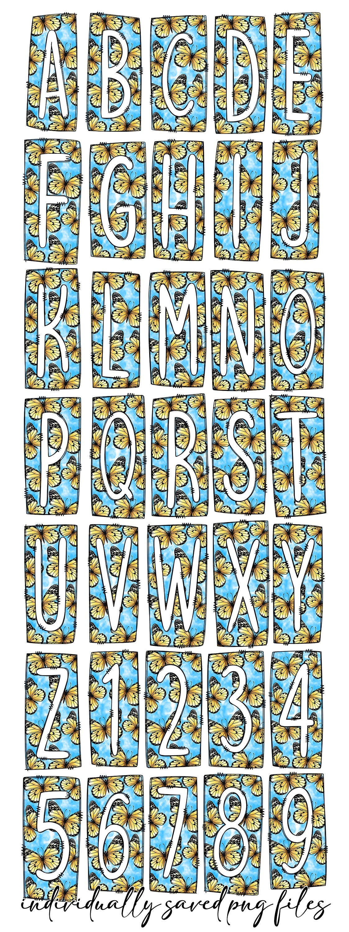 Blue and Yellow Butterfly Box Doodle Letters, Western Hand Drawn Doodle Alphabet Set, Sublimation Designs PNG - 43 PATTERN