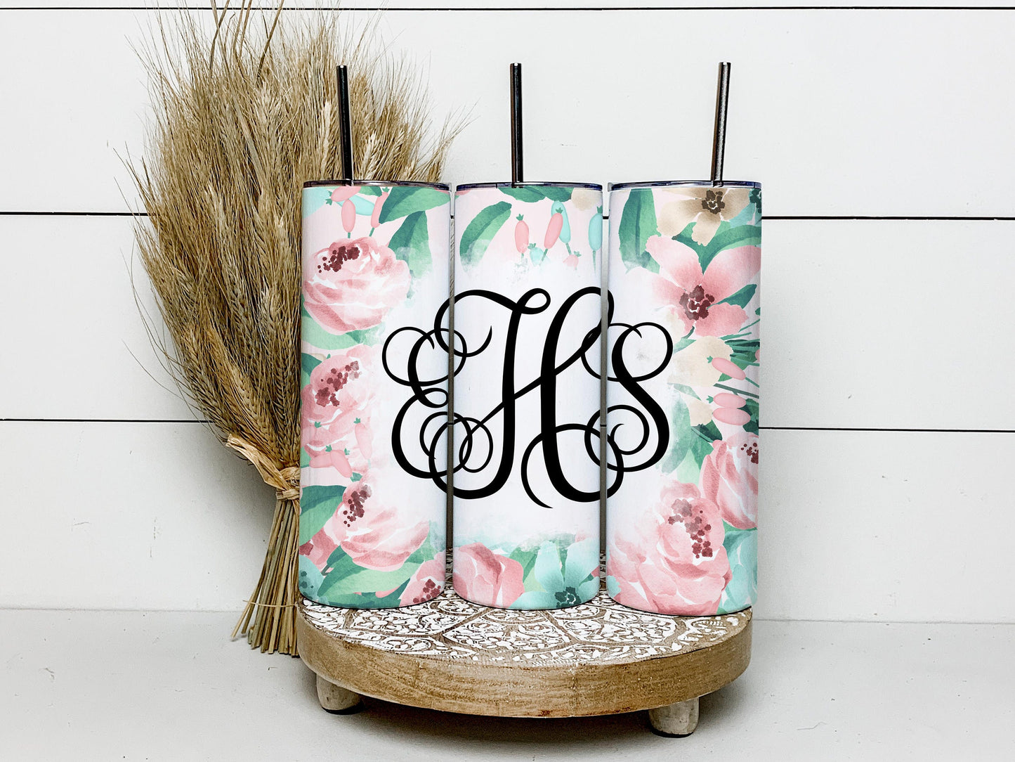 EDITABLE Pink Floral Monogram 20oz Straight Tumbler Wrap Designs, Make Your Own Custom Peronalized Design, Flowers Easy Canva Tempalte
