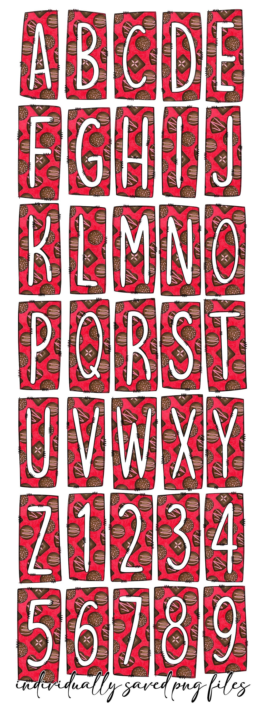 Valentines Day Chocolate Box Doodle Letters, Western Hand Drawn Doodle Alphabet Set, Sublimation Designs PNG - 1532