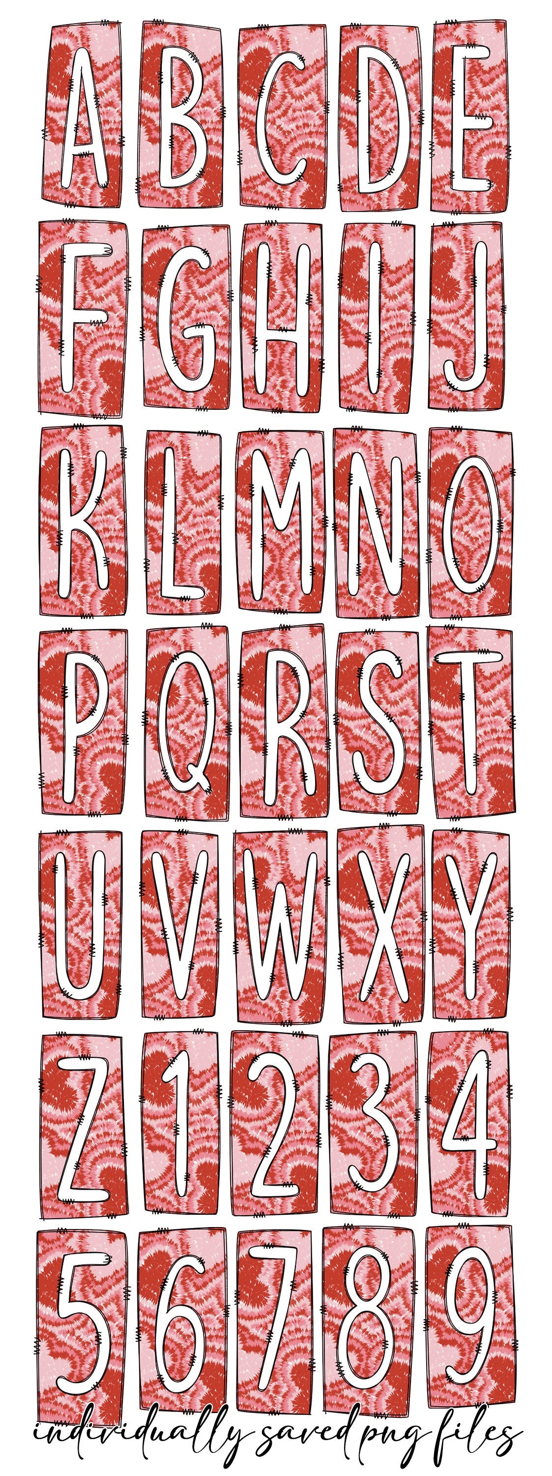 Tie Dye Pink Hearts Box Doodle Letters, Western Hand Drawn Doodle Alphabet Set, Sublimation Designs PNG - 105 PATTERN