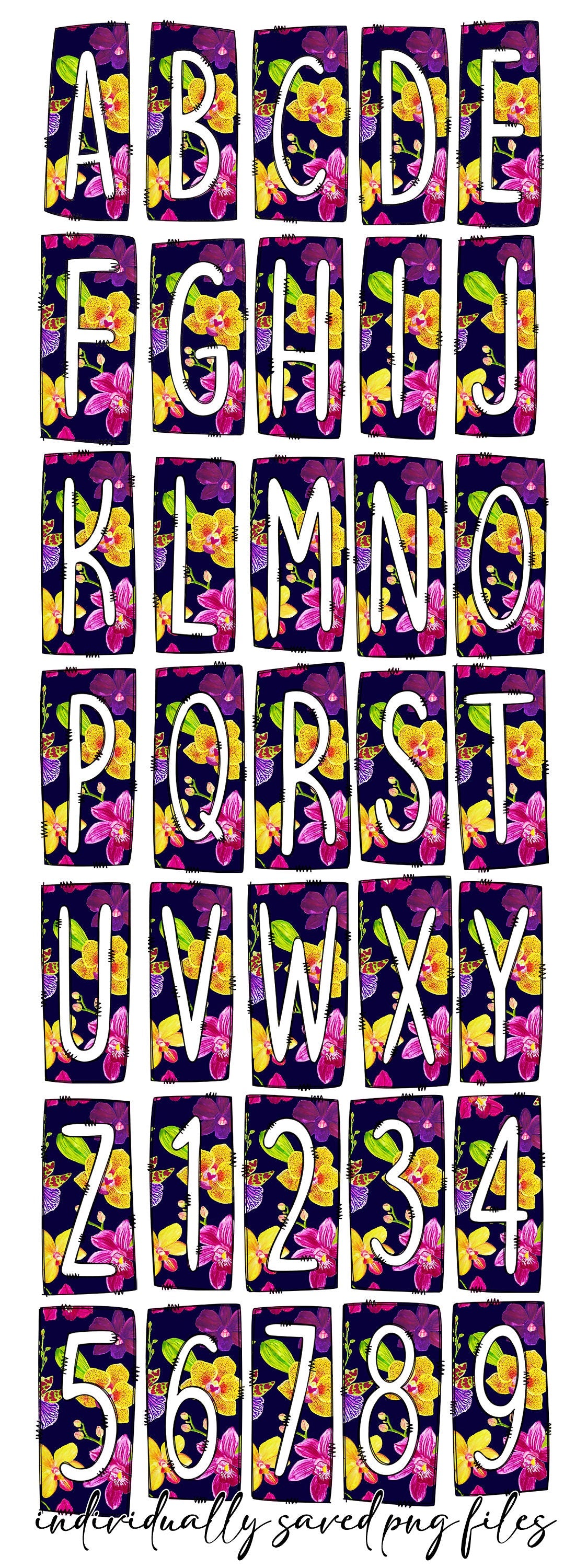 Bright Spring Florals Box Doodle Letters, Western Hand Drawn Doodle Alphabet Set, Sublimation Designs PNG - 1165