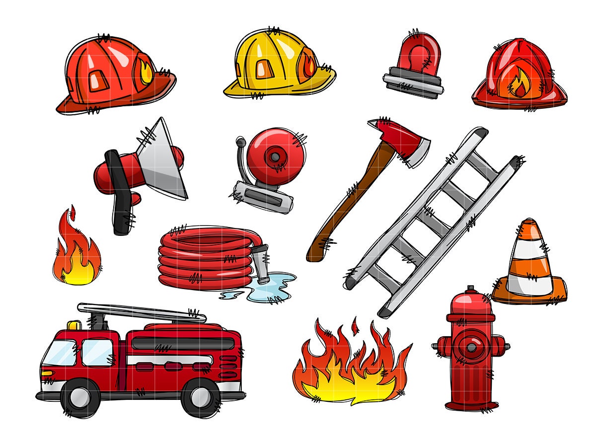 Firefighter Clip Art + Doodle Letters and Numbers, Fire Man Uppercase Alphabet Set, Fire Department Sublimation Letters, Fire Truck PNG