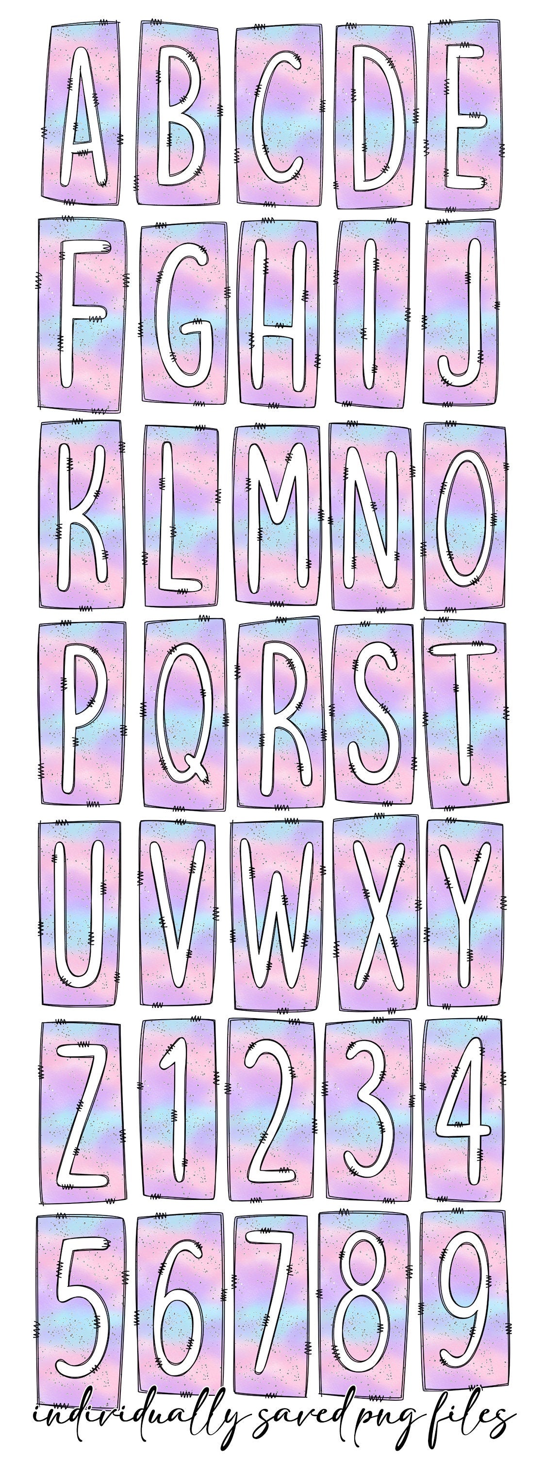 Ombre Paster Pink Blue Purple Box Doodle Letters, Western Hand Drawn Doodle Alphabet Set, Sublimation Designs PNG - 34