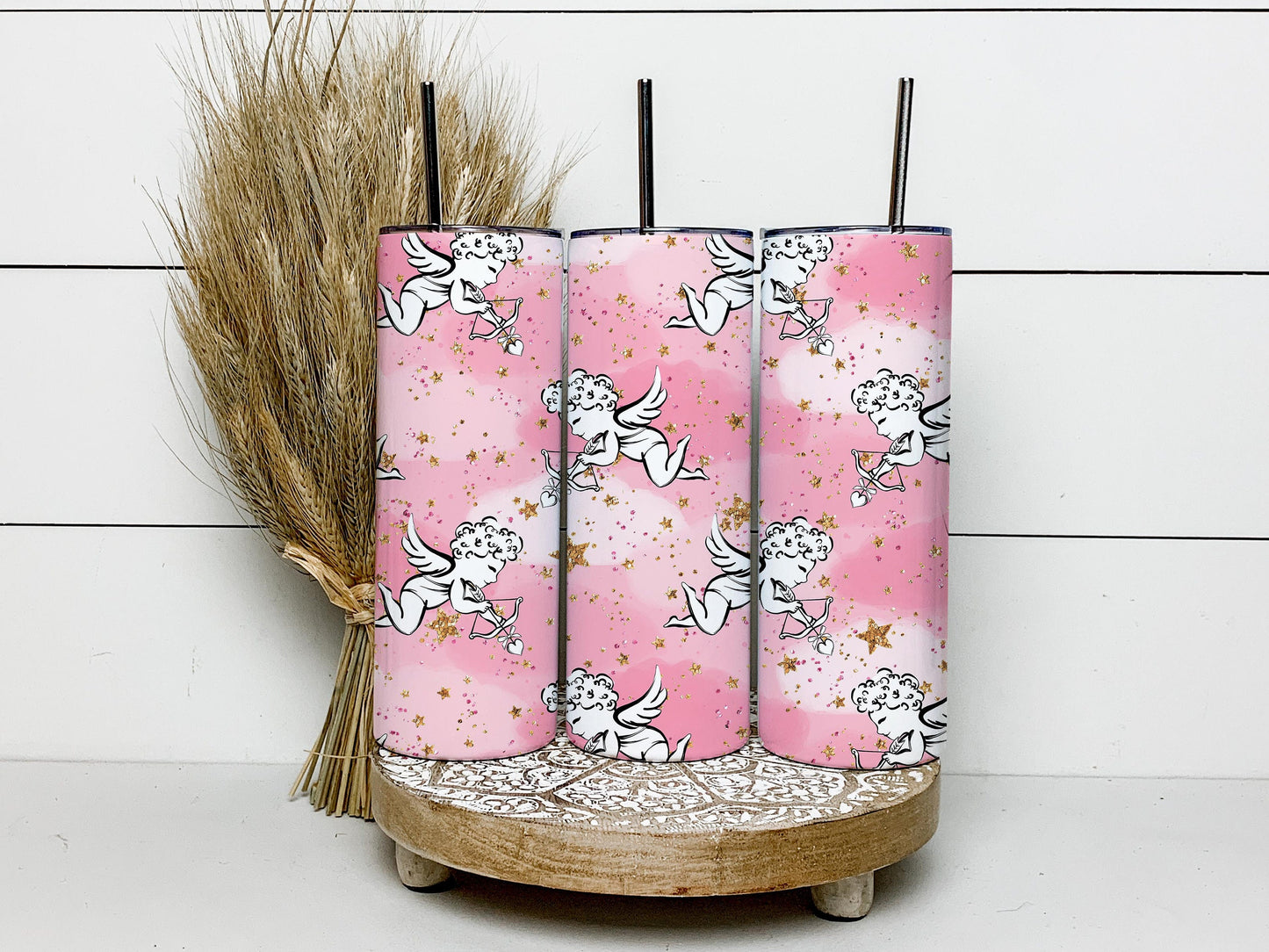 Valentine's Day Pattern, Valentine's Cupid Pink Background 20oz Tumbler Wrap, Seamless Skinny Tumbler, Sublimation Design PNG - 1736