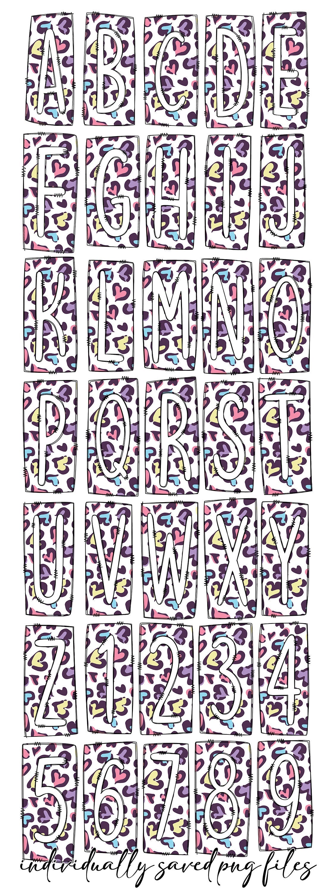 Rainbow Heart Leopard Valentines Day Box Doodle Letters, Western Hand Drawn Doodle Alphabet Set, Sublimation Designs PNG - 265 PATTERN