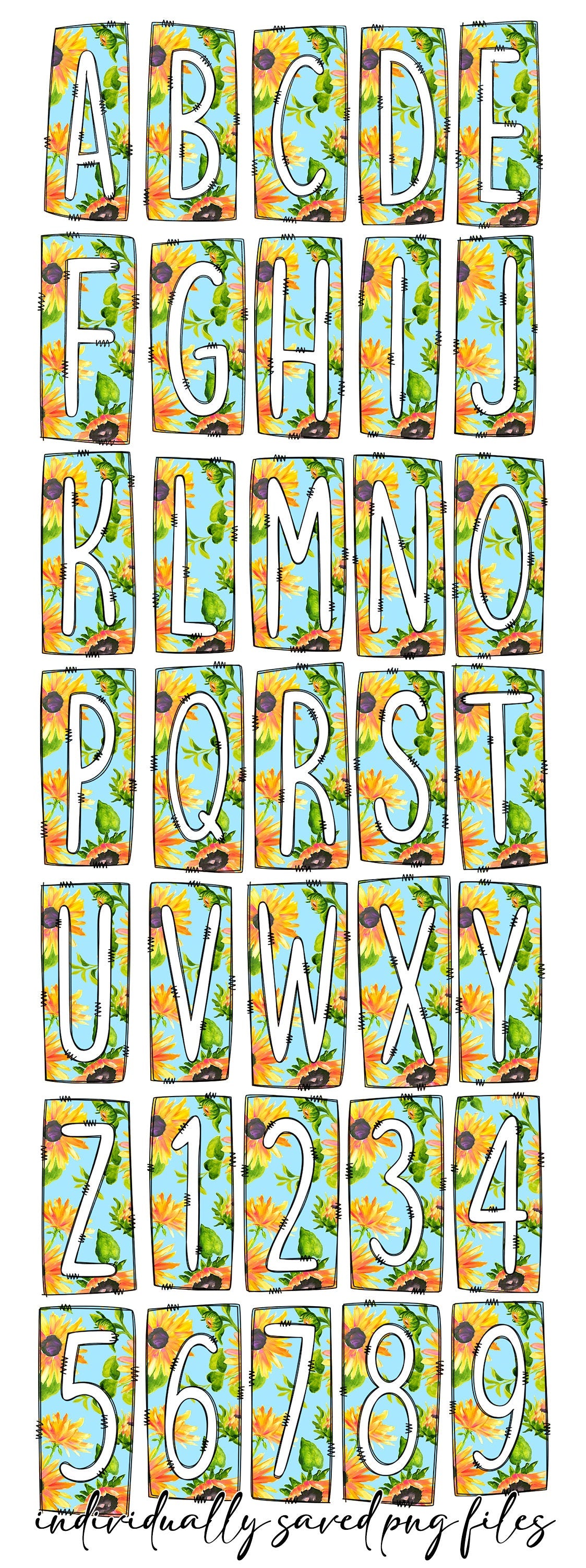 Blue Sunflowers Box Doodle Letters, Western Hand Drawn Doodle Alphabet Set, Sublimation Designs PNG - 1844