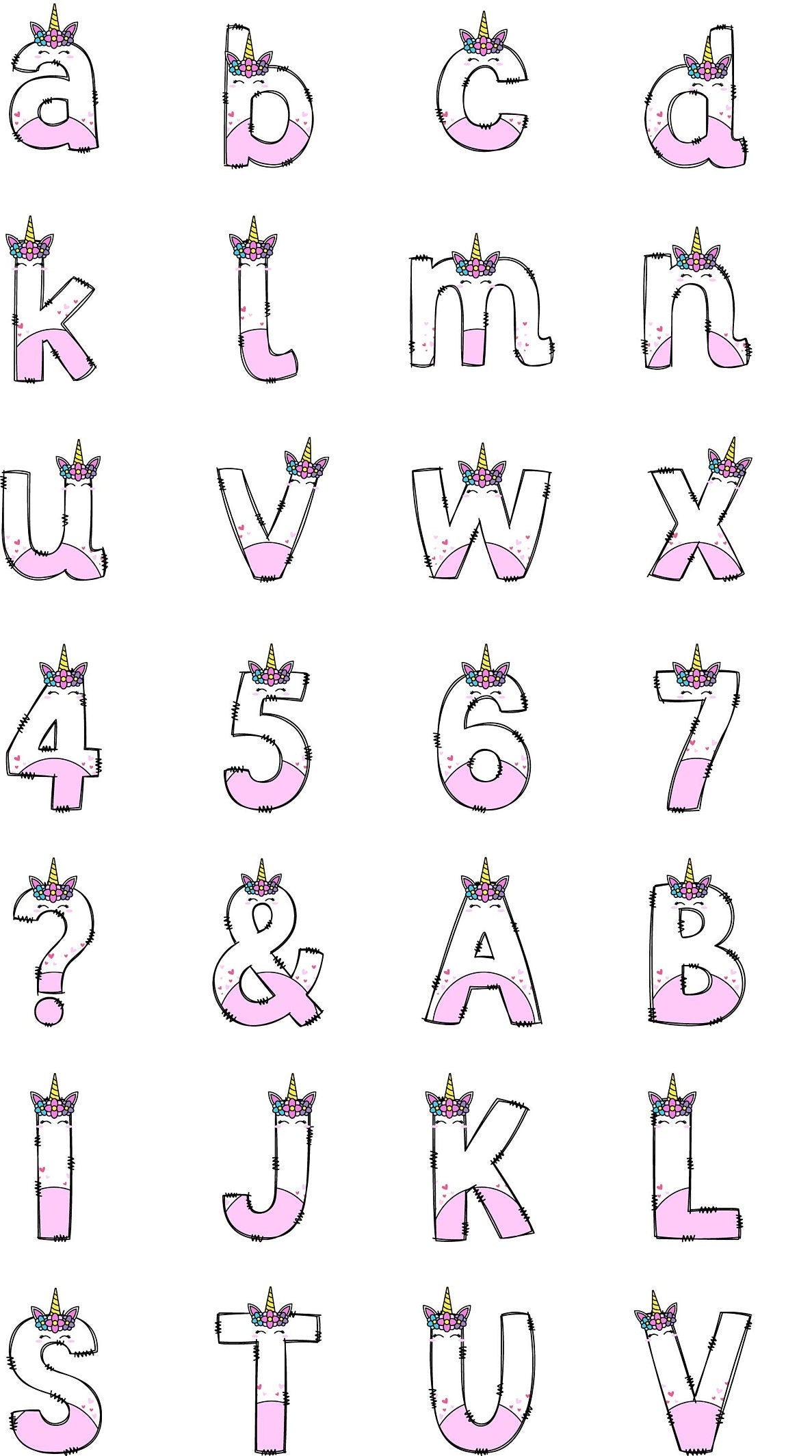 Unicorn Alphabet Letters PNG Bundle, Unicorn Doodle Letters, Hand Drawn Alphabet Doodle, Sublimation Girls Alpha Set Designs PNG