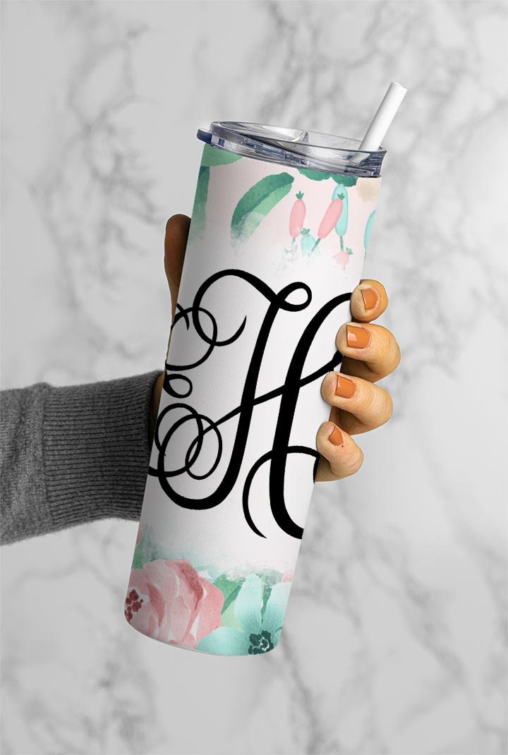 EDITABLE Pink Floral Monogram 20oz Straight Tumbler Wrap Designs, Make Your Own Custom Peronalized Design, Flowers Easy Canva Tempalte