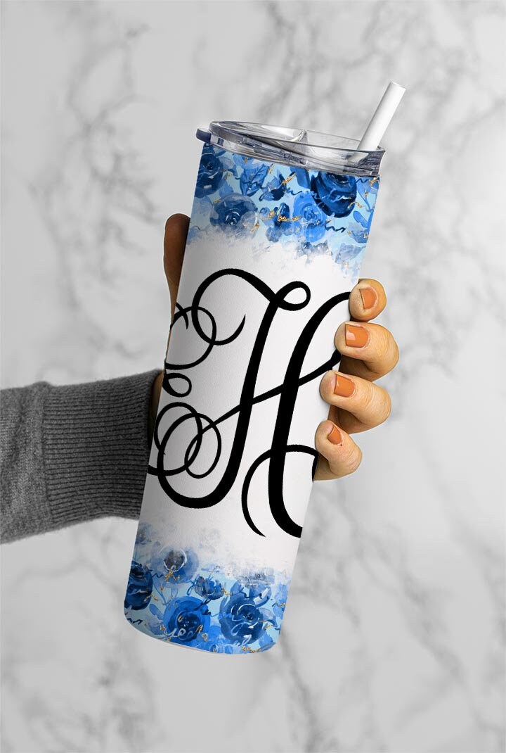 EDITABLE Flowers Blue Monogram 20oz Straight Tumbler Wrap Designs, Make Your Own Custom Peronalized Design, Easy Canva Tempalte