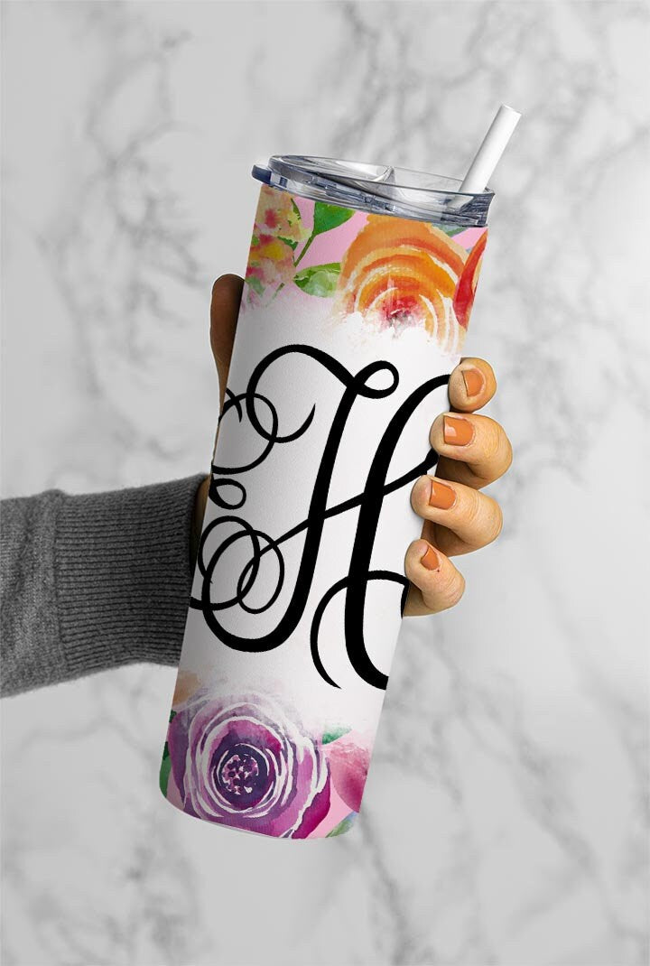 EDITABLE Floral Monogram 20oz Straight Tumbler Wrap Designs, Make Your Own Custom Peronalized Design, Easy Canva Tempalte