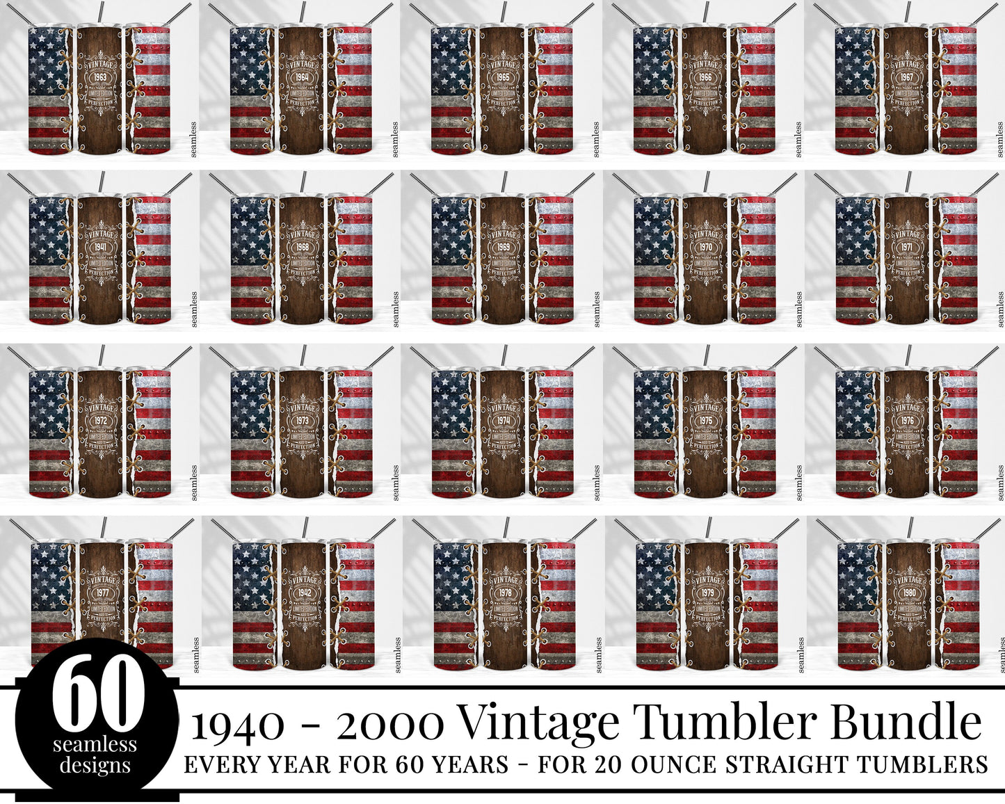 60 SEAMLESS BUNDLE - Vintage 1940 -2000 Rustic Wooden United States Flag Sublimation Tumbler Designs - 20oz Straight Tumbler Template - PNG