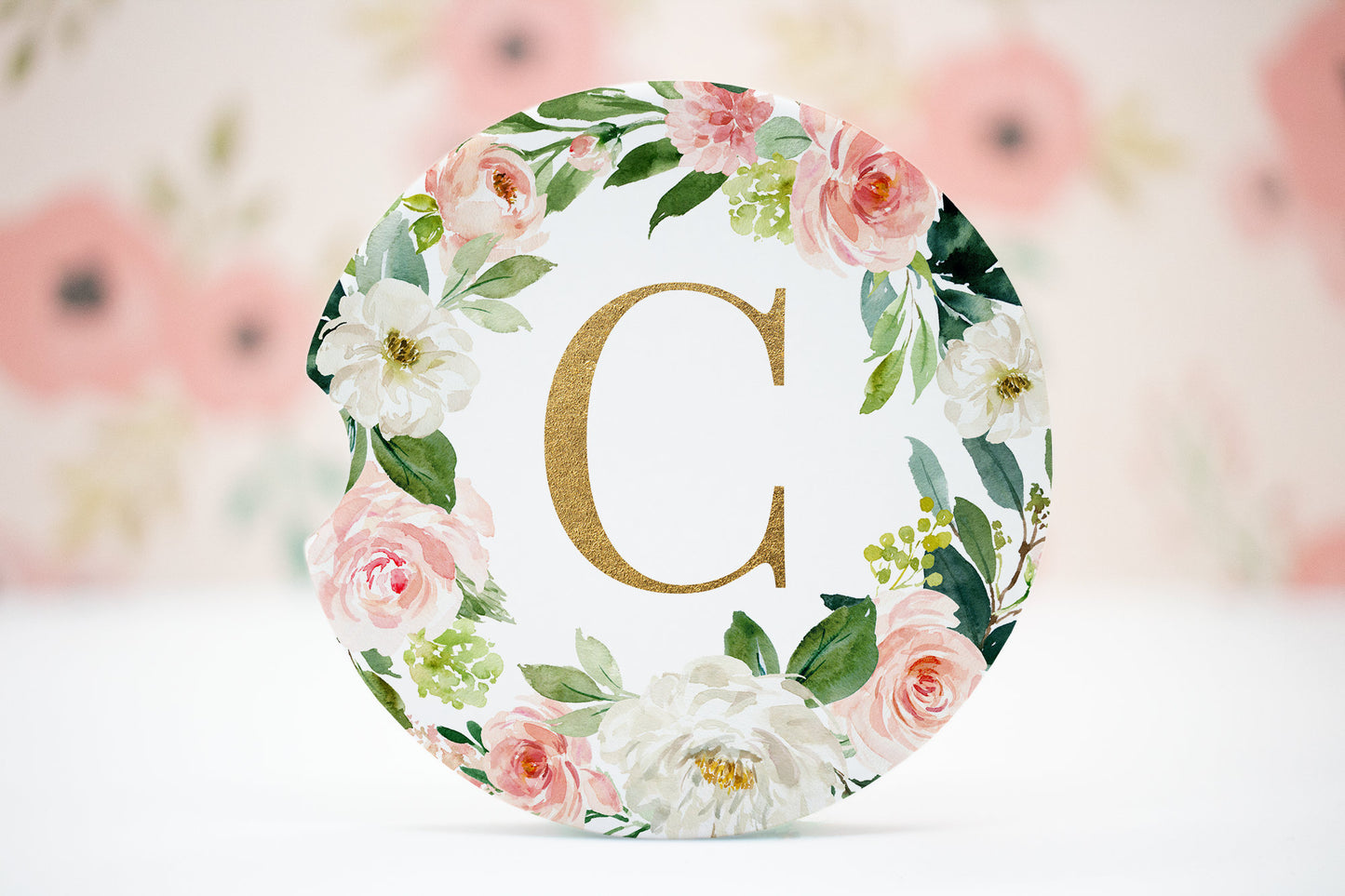 A-Z PINK Floral Car Coaster Bundle, Watercolor Flower Cup Holder, Car Freshener Round Sublimation Designs, Initials Letters Template PNG