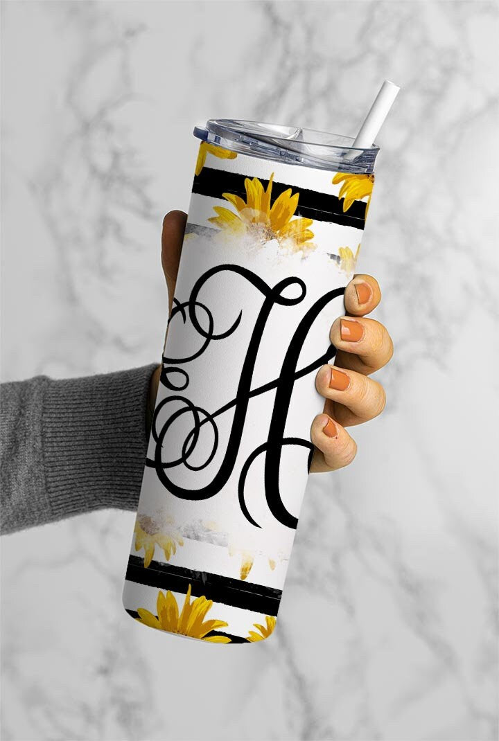 EDITABLE Striped Sunflower Monogram 20oz Straight Tumbler Wrap Designs, Make Your Own Custom Peronalized Design, Easy Canva Tempalte
