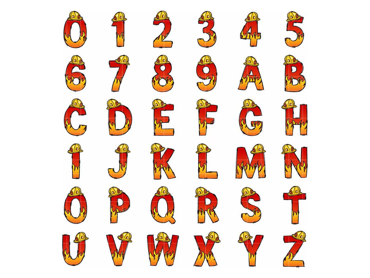 Firefighter Clip Art + Doodle Letters and Numbers, Fire Man Uppercase Alphabet Set, Fire Department Sublimation Letters, Fire Truck PNG