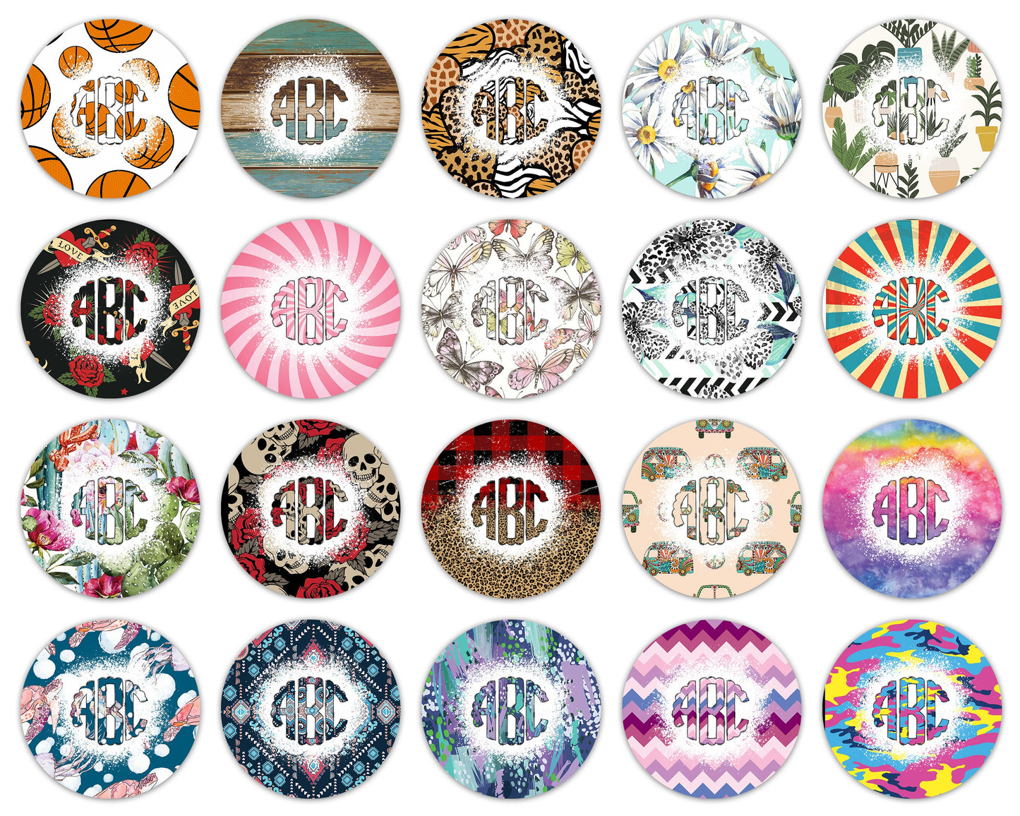 Car Coaster Bundle with Matching Monograms, Clip Art Design, Air Freshener, Keyring Round Sublimation Designs, Car Coasters PNG
