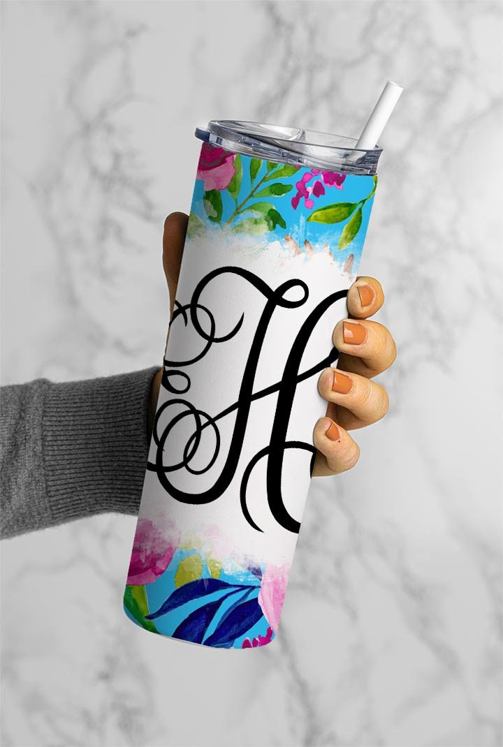 EDITABLE Floral Monogram 20oz Straight Tumbler Wrap Designs, Make Your Own Custom Peronalized Design, Pink Blue Flowers Easy Canva Tempalte
