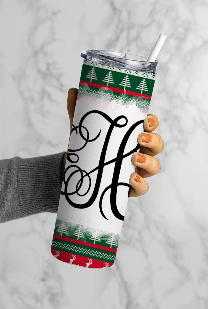 EDITABLE Christmas Monogram 20oz Straight Tumbler Wrap Designs, Make Your Own Custom Peronalized Design, Ugly Sweater Canva Tempalt