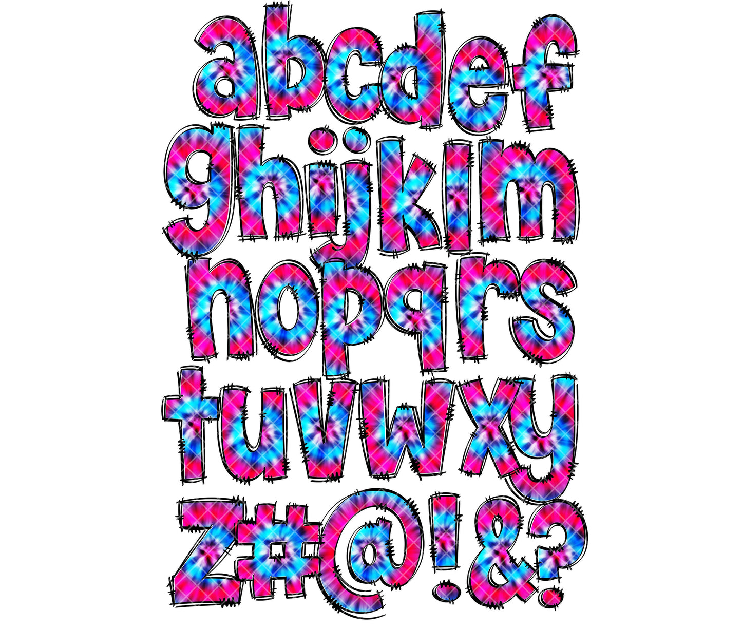 Tie Dye Alphabet Letters PNG Bundle, Rainbow Doodle Letters, Hand Drawn Alphabet Doodle, Sublimation Pink Teal Blue Alpha Set Designs PNG