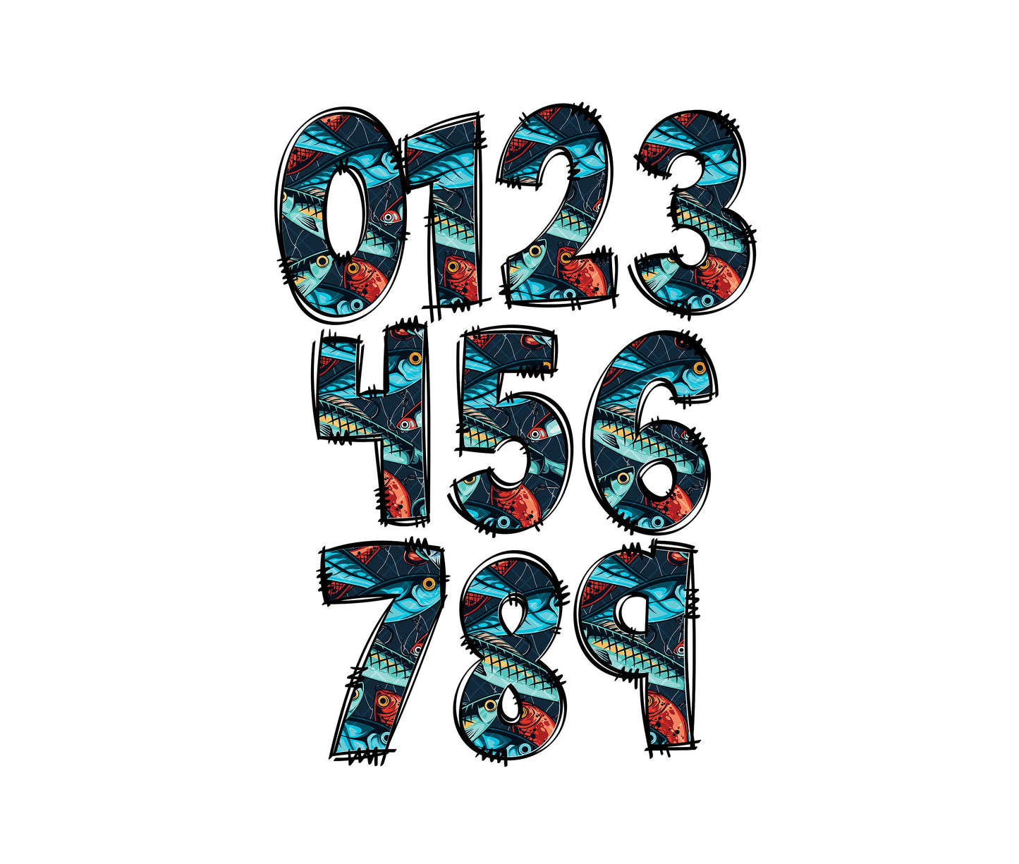 Fishing Lure 20oz tumbler with Doodle letters, Hand Drawn Doodle Alpha Bundle, Sublimation Font PNG, Patterned Numbers & Alphabet