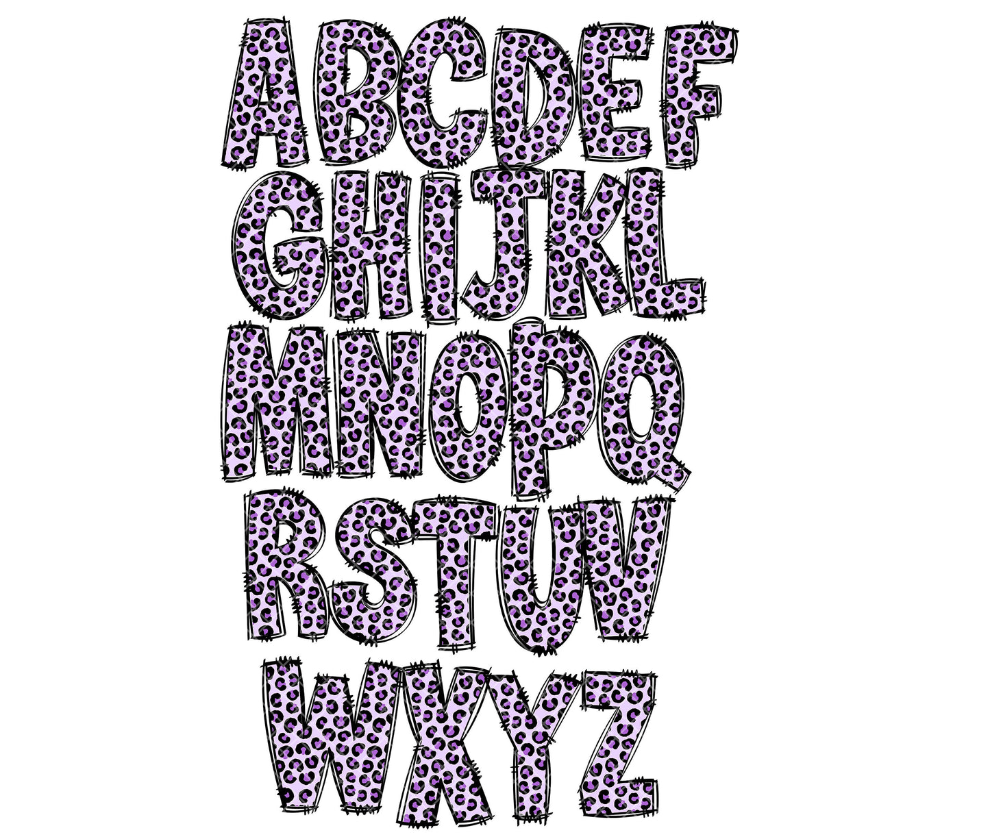 Purple Leopard Doodle Letters PNG Bundle, Purple Cheetah Colourful Bright Hand Drawn Alphabet Doodle, Sublimation Alpha Set Designs PNG