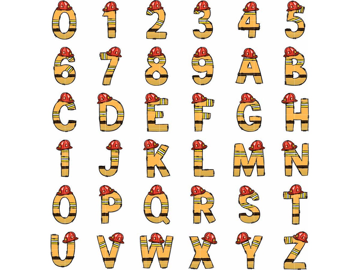 Firefighter Clip Art + Doodle Letters and Numbers, Fire Man Uppercase Alphabet Set, Fire Department Sublimation Letters, Fire Truck PNG