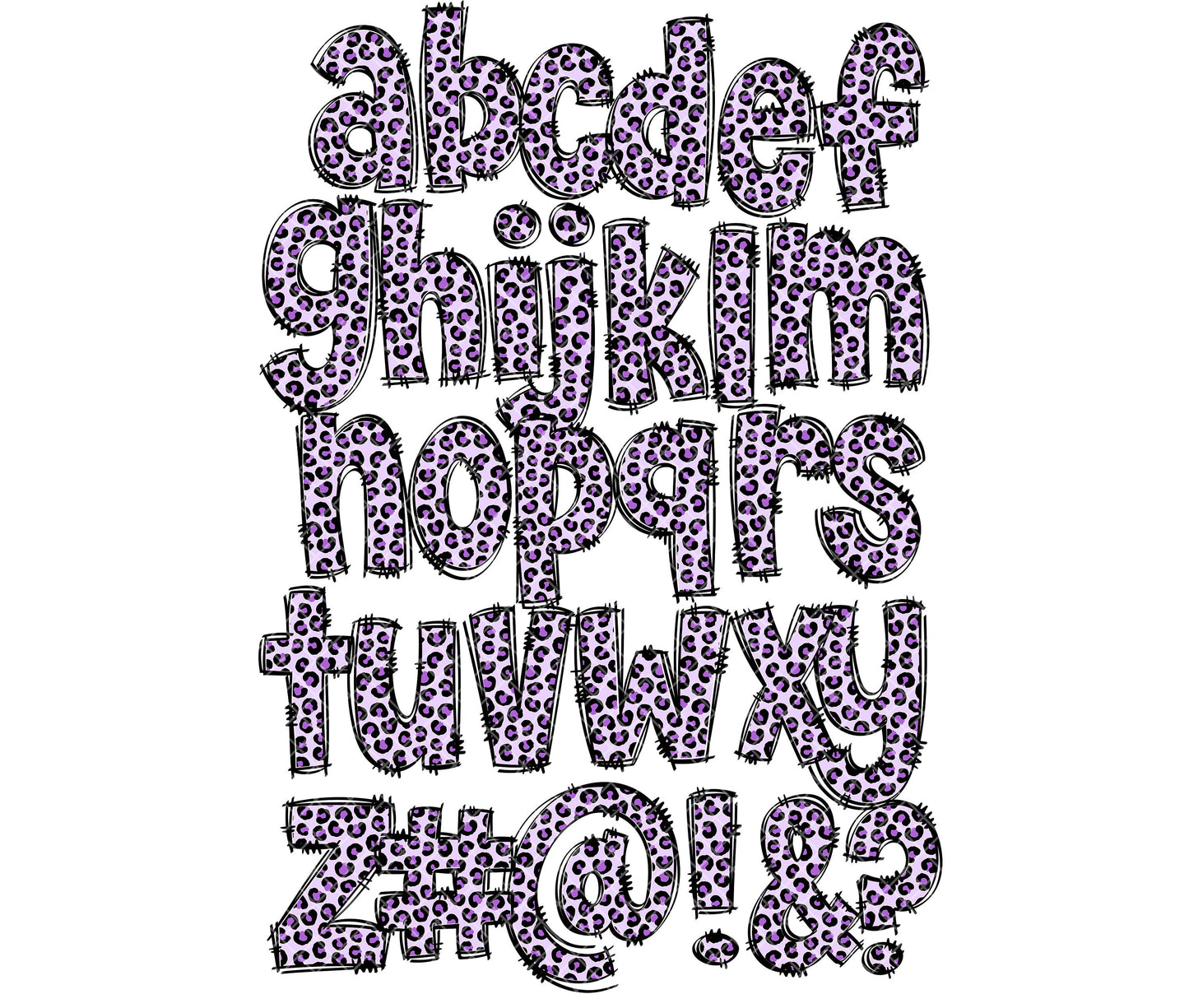 Purple Leopard Doodle Letters PNG Bundle, Purple Cheetah Colourful Bright Hand Drawn Alphabet Doodle, Sublimation Alpha Set Designs PNG